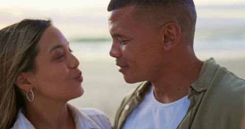 Selfie, happy and face of couple at beach for romance, bonding and quality time on weekend