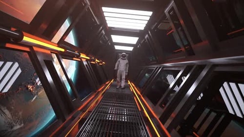 Astronaut Walks in the Tunnel of a Spaceship SciFi Futuristic Space Corridor Mars Orbit Neon Light