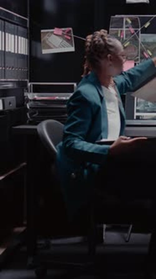 Female Detective in an Office Reads Documents