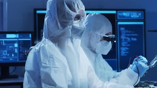 Scientists Inspect Circuit Board in Futuristic Lab