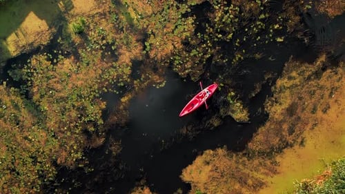 Person kayaking in river at summer evening