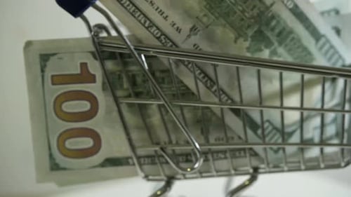 Miniature Shopping Cart Filled with Hundred Dollar Bills