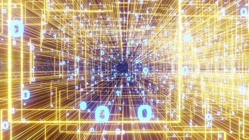 Cyberespace numérique doré avec rendu 3D avec chiffres, un et zéros scintillants. Connexion haut débit