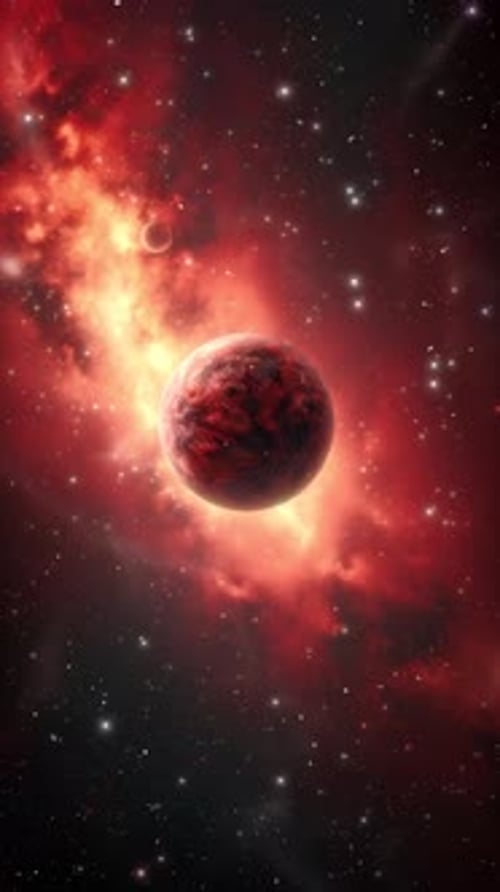 Vídeo vertical de um planeta vermelho em uma galáxia vermelha