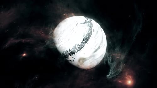 Futuristic White Planet Rotating in Deep Space Nebula Background