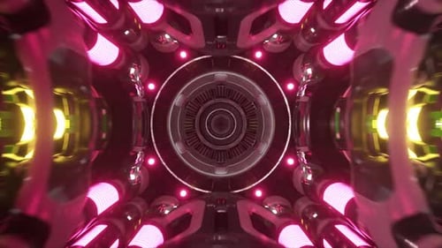 Die abstrakte Animationsanimation zeigt einen futuristischen Tunnel mit rosafarbenen und grünen Lichtern