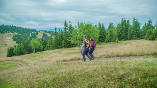 Couple hiking downhill on path leading through scenic hilly forested landscape. Panned slow motion f