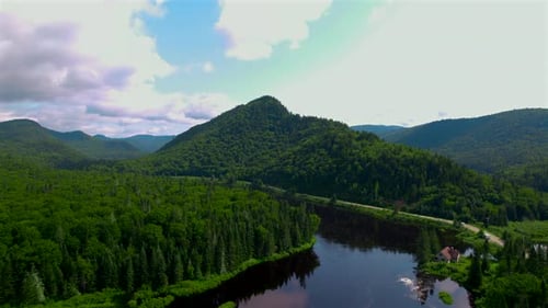 Scenic Aerial View of Forested Mountains and River