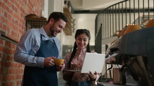 Diverse Positive Man Woman Cafeteria Employees Small Business Owners Cafe Manager Waiter Discussing