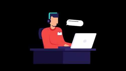Flat Design Animated Person Working with Headset and Laptop