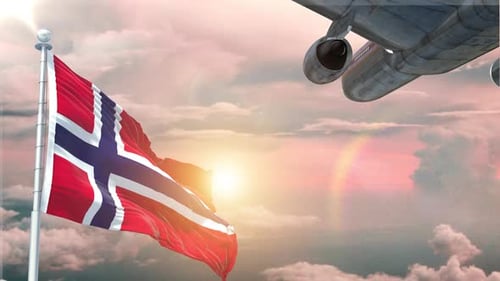 Norway Flag Waving Realistic With Sky Plane Takes Off At Sunrise