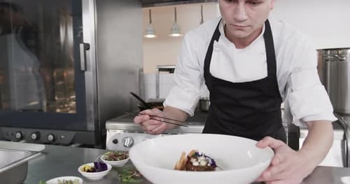 Chef Plates Gourmet Dish in Commercial Kitchen