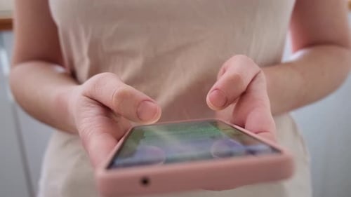 Woman Hand Holding Cell Phone Touch Screen Typing Scroll Page Using App Smartphone Mobile Phone