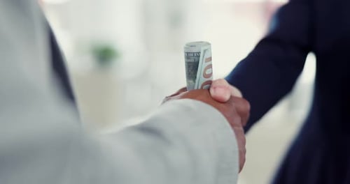 Business, money and handshake with bribe, illegal deals and corruption with investment