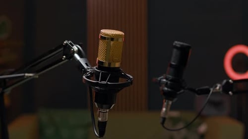 Modern Podcasting Studio Interior with Professional Microphones for Streaming