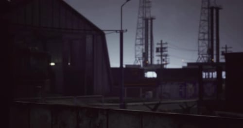 Cinematic Dark Industrial Cityscape Camera Pan