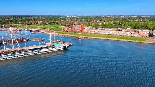 Ships on the waterscape of lake Markermeer in Lelystad, the Netherlands