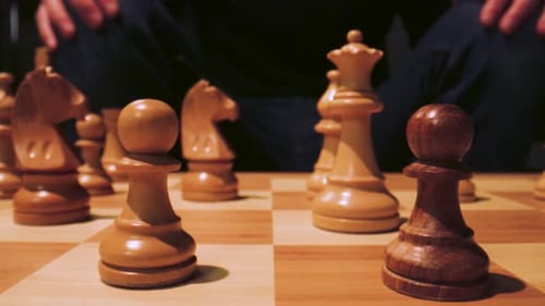 Gleiten Sie durch ein Schachbrett, als wäre es riesig mit einer Linse. Der Ritter nimmt den Bauern
.