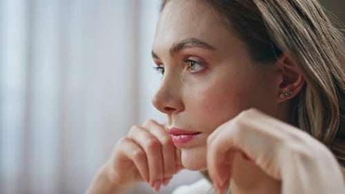 Focused Woman Massaging Face at Home Closeup Lady Making Smoothing Massage
