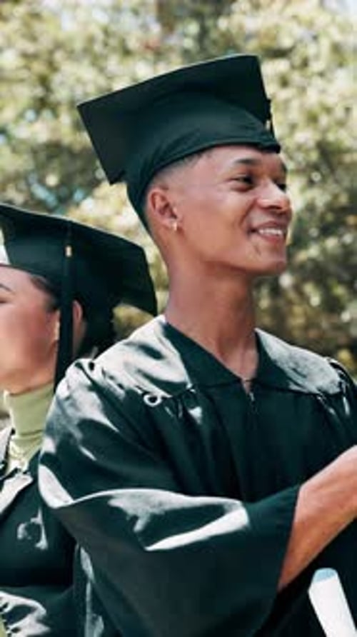 Man, handshake and graduation at college, outdoor or congratulations for goal