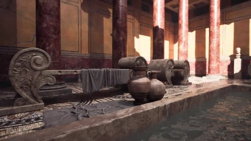 Ancient Roman Bathhouse with Columns Pottery and Mosaics Under Soft Light