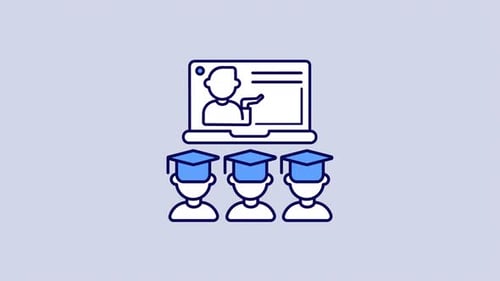 Online Education Animated Icons with Graduation Caps and Laptop
