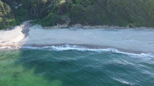 Beach Between a Ledge Covered with Vegetation and a Black Sea Under a Clear Blue Sky