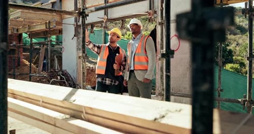 Team, men and inspection for construction project, discussion or development assessment
