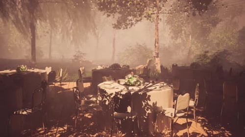 Outdoor Dining Setup Among Trees for Special Event in Serene Location