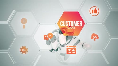 Robotic Hand Interacts with Digital Customer Care Hexagon Interface