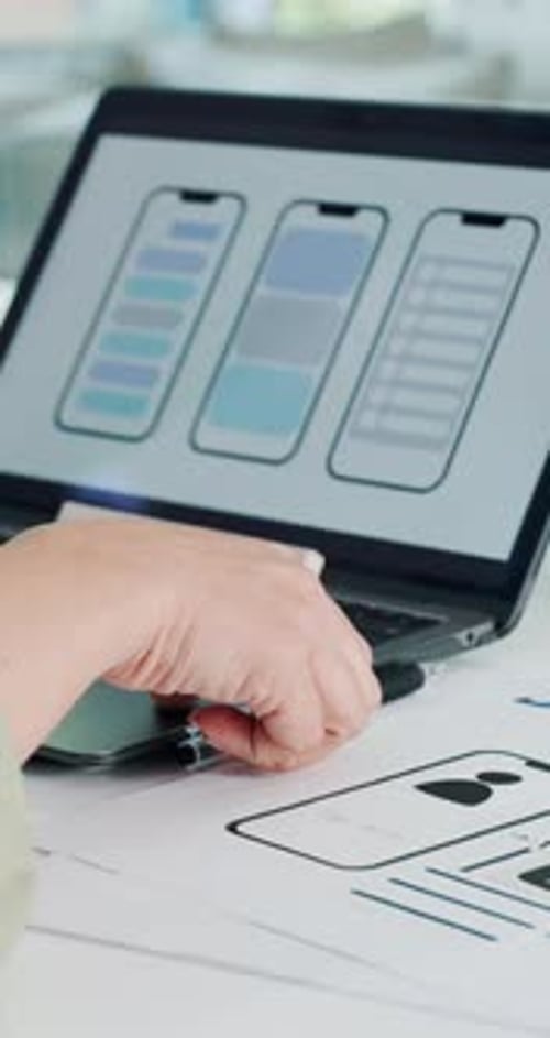 Tablet screen, app development and hands of person planning for mobile prototype in office