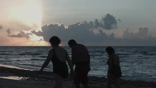 People in swimsuits walk on shore while sunbeams filter through clouds