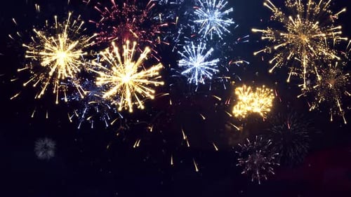Golden Big Shiny Fireworks with Bokeh Lights in the Night Sky