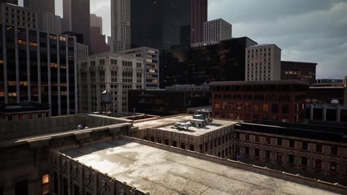City Skyline at Dusk with Dramatic Clouds Over Urban Rooftops in Downtown Area