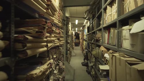 offenes Regallager mit Akten, die in einem Bankgebäude aufbewahrt werden, reibungslose Bewegung der Kamera in Richtung