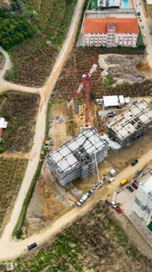 Vertical Video Aerial View Construction Site Work on Site
