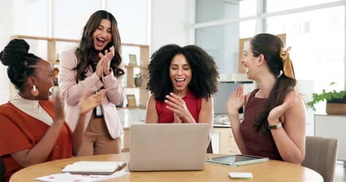 Team, high five and women with laptop, office and applause for campaign success, colleagues and win