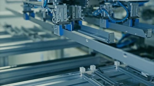 Fabrication de panneaux solaires. Des équipements automatisés fonctionnent à l'intérieur de l'usine industrielle moderne. Gros plan