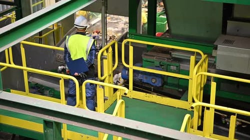 Worker Oversees Waste on Conveyor Belt in Factory