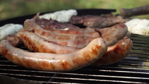 German Sausages on a Hot Grill for a Delicious Barbecue in the Nature