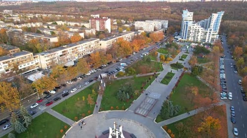 Panoramic aerial drone view of Afghan War Memorial To Sons of Motherland - Eternal Memory at autumn