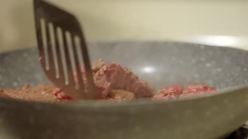 Cooking Ground Beef for Tacos in Pan Close-Up