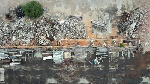 Downward angle drone shot of old abandoned factory