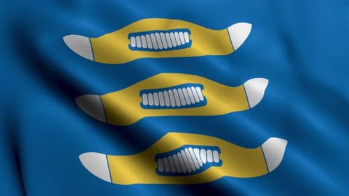 Realistic Waving Blue Flag with Yellow Geometric Design