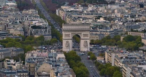 Establishing Shot of the Streets of Paris in the Summer Drone Shot of French Streets are Full of