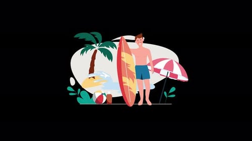 Surfer mit einem Surfbrett an einem tropischen Strand
