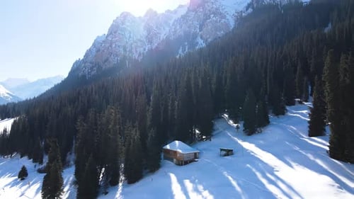 Aerial view of secluded wooden cabin in snowy mountain pine forest