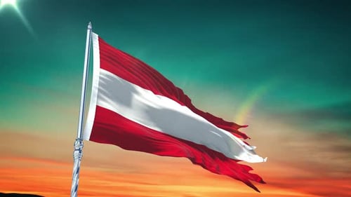 Realistic Austria Flag Waving Loop with Sunset Sky
