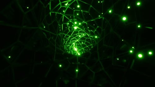 Neon glowing particles flying through endless grid lighting tunnel, looped