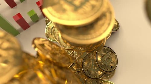 Bitcoin tower grows and flies through the air towards camera